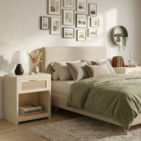 Table de Chevet, Lot de 2, Style Bohème, Table d’Appoint, avec Tiroir Effet Cannage, Beige