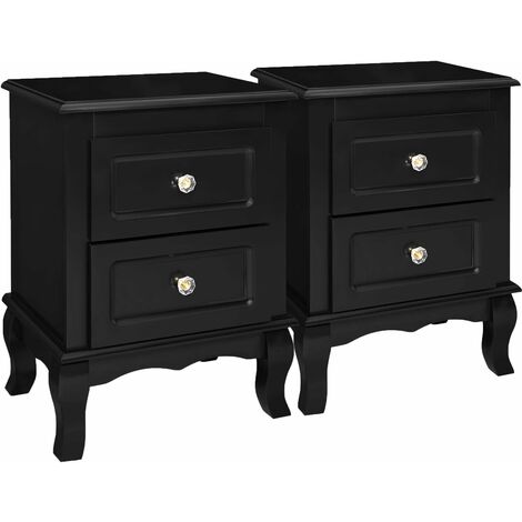 Table de Chevet, Lot de 2, Table de Nuit, avec 2 Tiroirs, Pieds en Bois de Pin, Espace de Rangement, Noir/Blanc