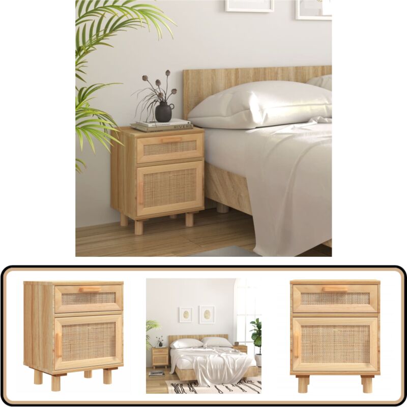 Table de chevet Marron Bois de pin massif et rotin naturel - Table De Chevet - Meuble De Chambre - Table D'appoint - Mobilier Scandinave - Commode