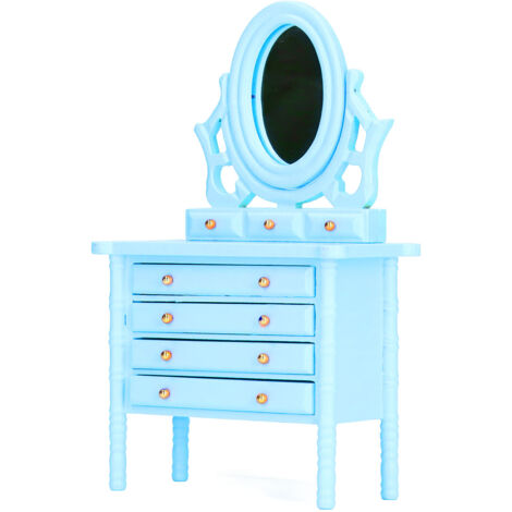 Table de Chevet Miniature 1:12 en Bois avec Miroir Bleu pour Maison de Poupée