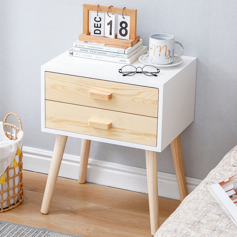Table de chevet minimaliste nordique avec deux tiroirs 45*35*59.5cm <strong>blanc</strong>-<strong>couleur</strong> bois - <strong>blanc</strong>-<strong>couleur</strong>