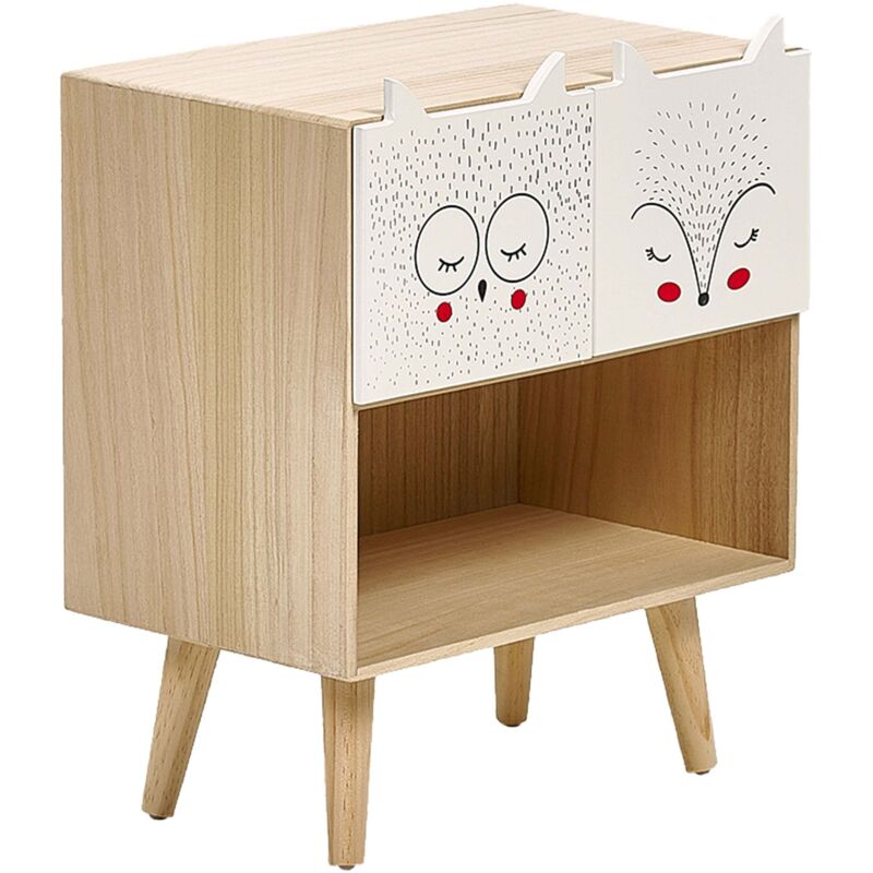Beliani - Table de Chevet Moderne 2 Tiroirs Table de Nuit Thème Animalier Bois Clair et Blanc Rupert