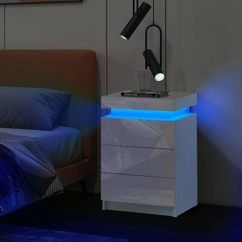 Table de Chevet Moderne à 3 tiroirs avec lumières LED, 3 tiroirs pour Salon, Chambre à Coucher, Blanc