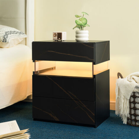 Table de chevet moderne, 48 x 38 x 61 cm, en bois d'ingénierie, coloris noir et or, avec 3 tiroirs, panneau acrylique, lumière LED