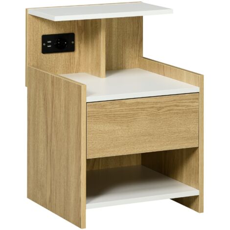 Table de chevet moderne avec 2 prises USB, 1 prise électrique et tiroir 40x40x60 cm couleur bois