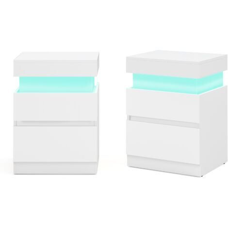 Table de Chevet Moderne avec LED, Lot de 2, Table d’Appoint, 2 Tiroirs, Multiprise Intégrée, 35 x 40 x 55 cm, Blanc