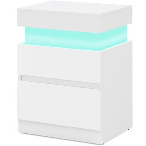 Table de Chevet Moderne avec LED, Table d’Appoint, 2 Tiroirs, Multiprise Intégrée, 35 x 40 x 55 cm, Blanc