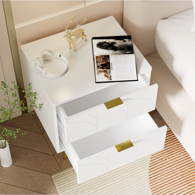 Table de chevet moderne avec pieds et boutons dorés, lot de 2 avec 2 tiroirs, coins avec design anti-chocs,blanc