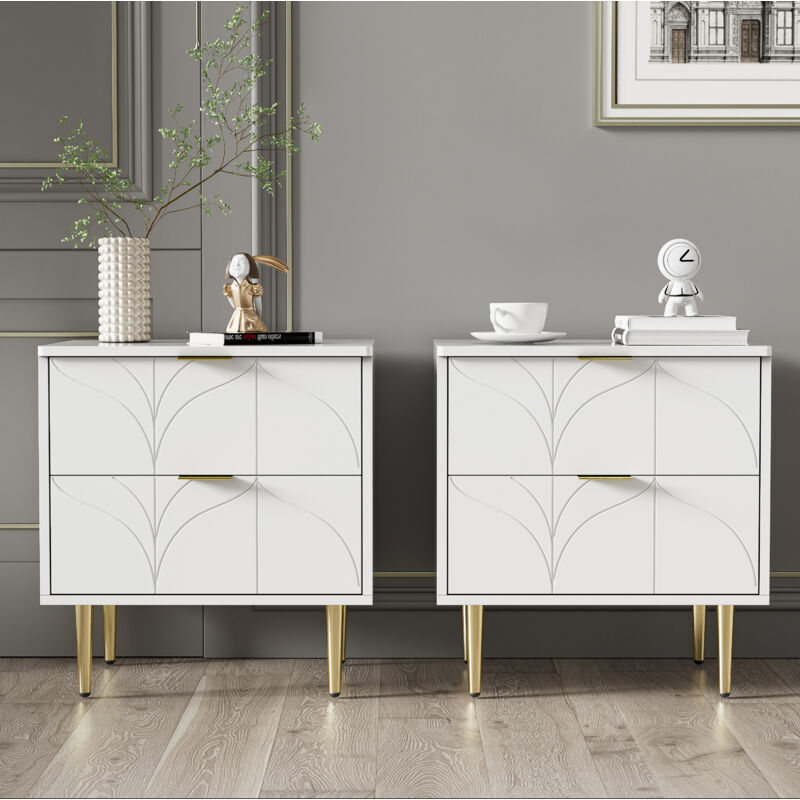 Okwish - Table de chevet moderne avec pieds et boutons dorés, motif floral, lot de 2 avec 2 tiroirs, laquée, coins avec design anti-chocs, 50L40P54H