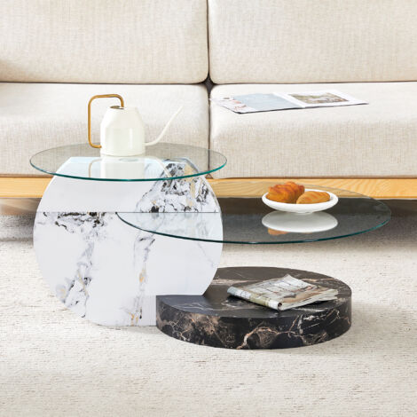 Table de chevet moderne et minimaliste, composée de deux niveaux en verre sécurité. Design complexe. Structure en MDF de haute qualité, avec un aspect marbre noir-blanc. Diverses variantes de couleurs