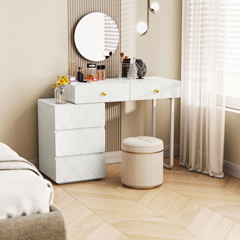Okwish - Coiffeuse blanche, commode avec 5 tiroirs, meuble de rangement sans miroir ni tabouret, 90x 40x73,5 cm, en mdf, blanc