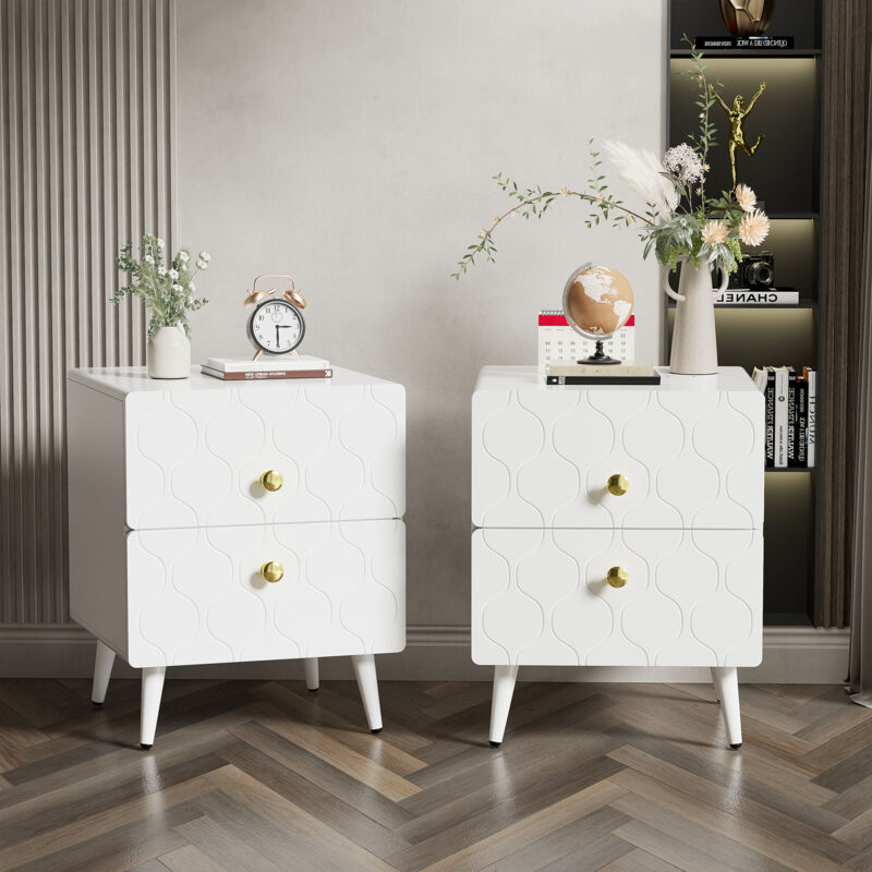 Table de Chevet, Poignées Plaquées Or, Motif Vague, Lot de 2, Laquée, Coins avec Design Antichoc, Blanc, Chevet avec 2 Tiroirs