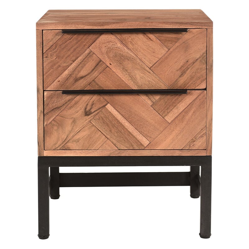 Table de chevet avec rangements 2 tiroirs à motifs chevrons en bois massif et métal noir stick