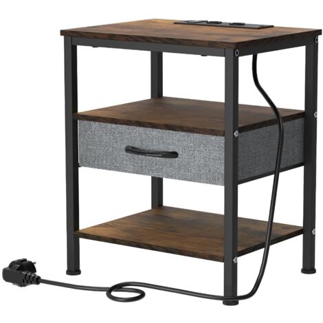 Table de Chevet Multifonction avec 2 Prises AC + 2 USB – Rangement Intelligent (Tiroir Coulissant & 2 Étagères)  MDF 40x30x60cm – Idéal Studio Parisien, Chambre & Petit Espace