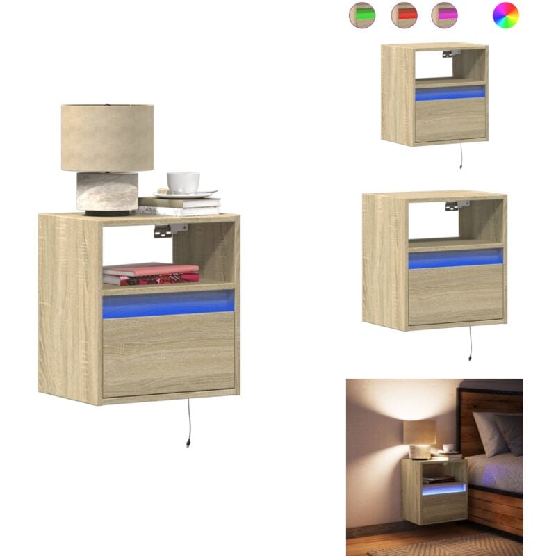 Table de chevet murale avec lumières led chêne sonoma - Table De Chevet Murale - Tables De Chevet Murales - Table De Chevet Flottante - Table De