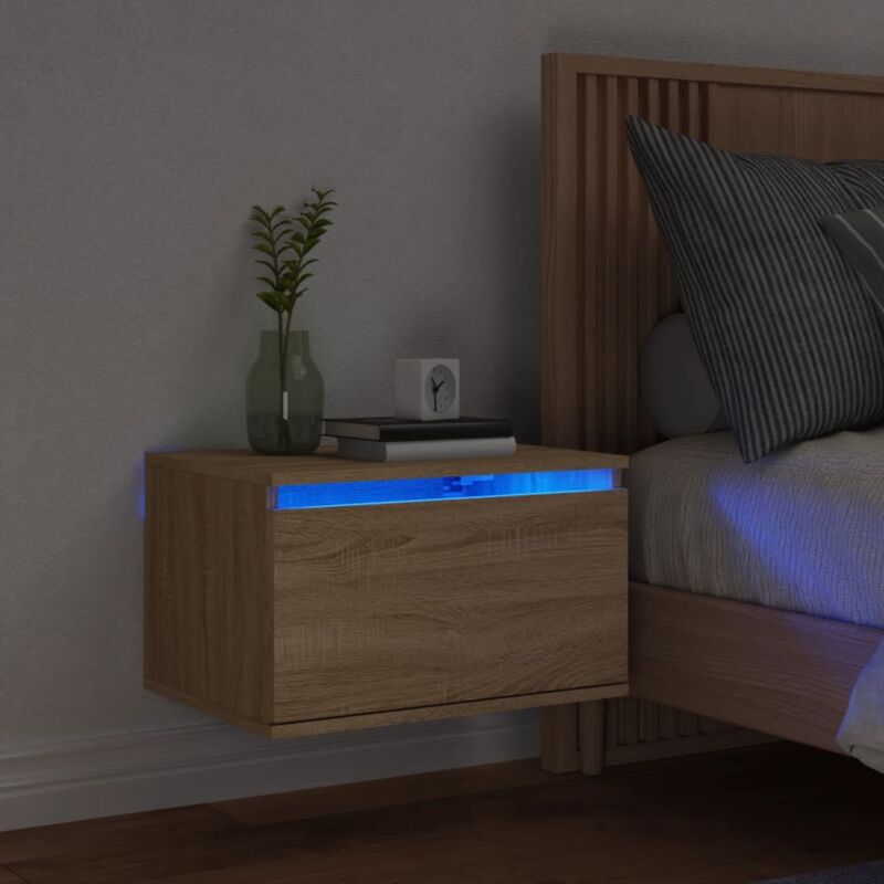 Table de chevet murale Table d'appoint Table de nuit avec lumières led chêne sonoma CVW88016