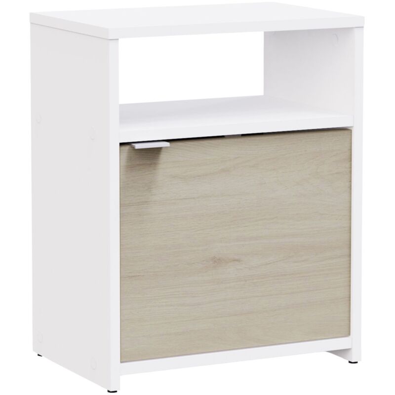 Table de chevet Nano pour chambre avec 1 porte et 1 étagère en blanc mat et chêne Kronberg 41x51x28 cm