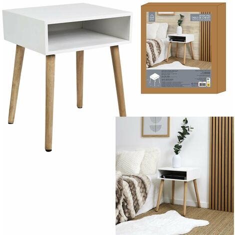 RSD DISTRIB Table de chevet 1 niche blanc pieds bois - Blanc