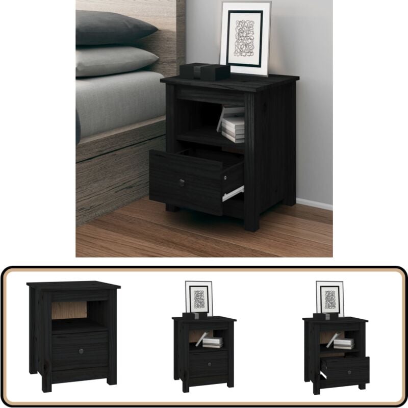 Table de chevet Noir 40x35x49 cm Bois de pin massif - Table De Chevet - Meuble De Chambre - Table Nuit - Bois Massif - Pin