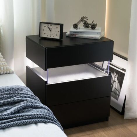 Table de chevet noir avec LED, 3 tiroirs et panneau acrylique