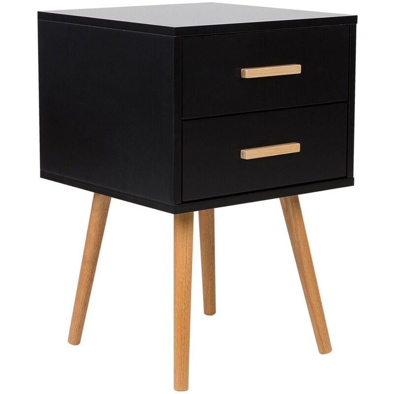 Table de Chevet au Style Scandinave conçu en Panneau à Particule Noir et Pieds en Bois d'Hévéa avec 2 Tiroirs 40 x 40 x 61 cm Beliani