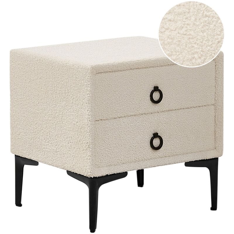 Table de chevet Nuit Blanc cassé 2 Tiroirs de Rangement Pieds en Métal Noir Tissu Bouclé Blanc Cassé Sezanne