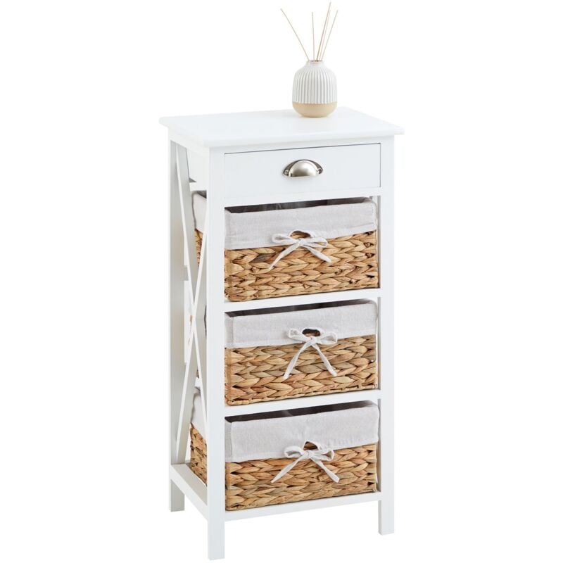 Table de chevet nusco avec 1 tiroir et 3 paniers, en bois lasuré blanc