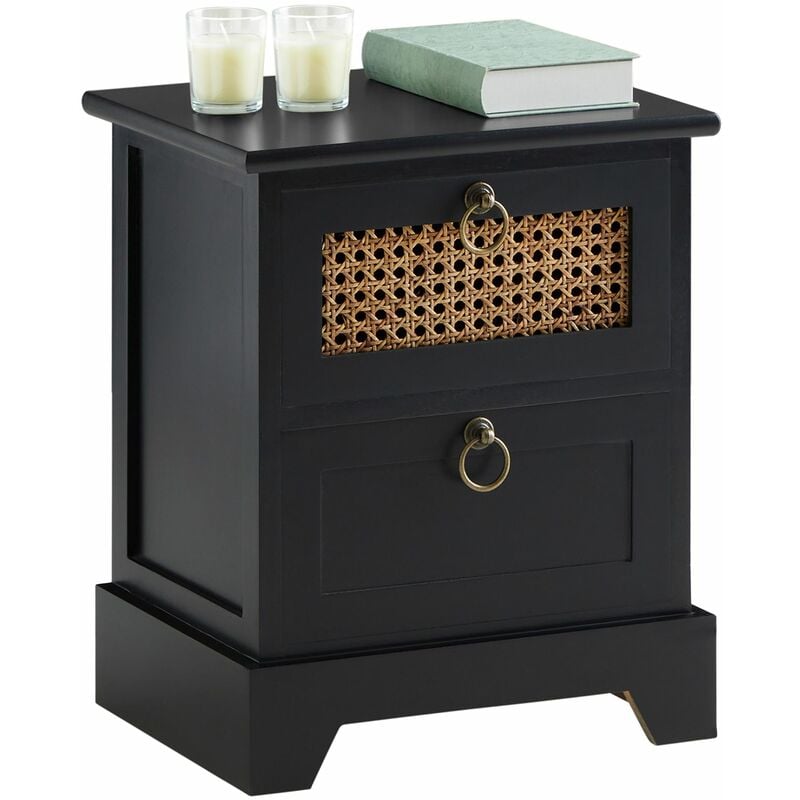 Table de chevet padma 2 tiroirs, en bois lasuré noir et cannage en rotin