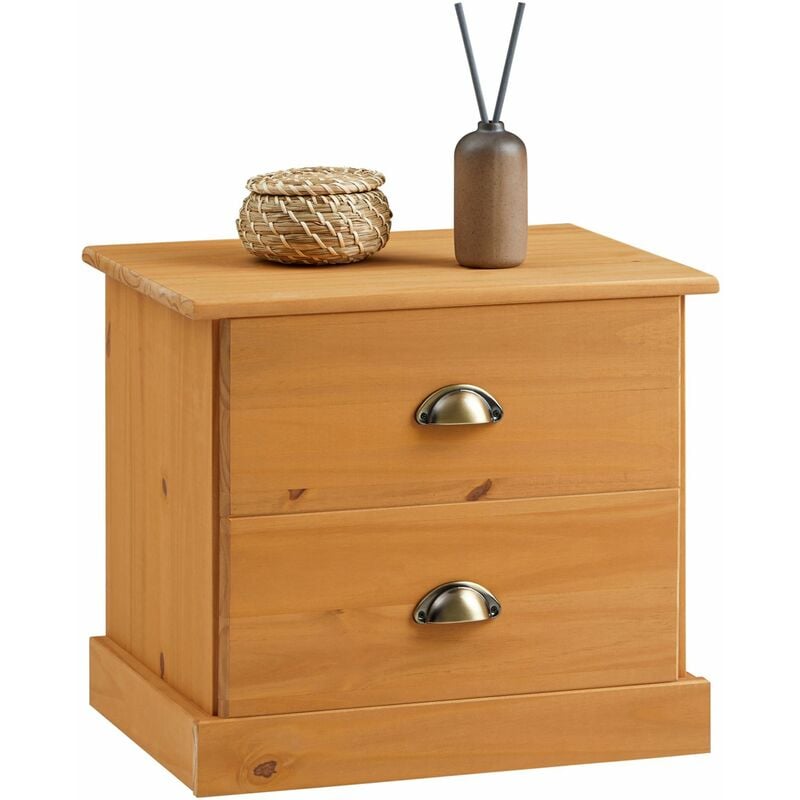 Table de chevet PARIS avec 2 tiroirs, en pin massif lasuré brun