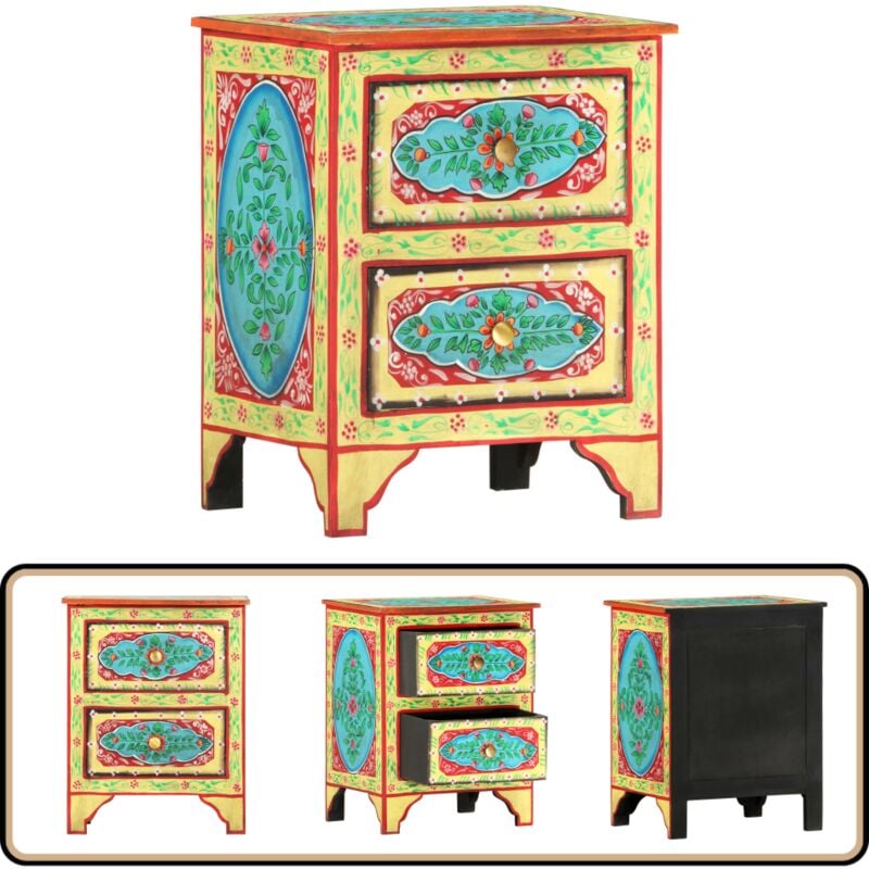 Table de chevet peinte à la main 40x30x50 cm Bois de manguier - Table De Chevet - Meuble De Chambre - Table Nuit - Décoration Intérieure - Mobilier