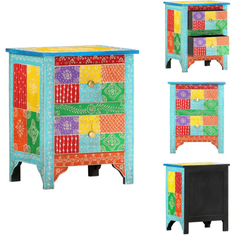 Table de chevet peinte à la main 40x30x50 cm Bois de manguier - Table De Chevet - Meuble De Chambre - Table Nuit - Décoration Intérieure - Mobilier