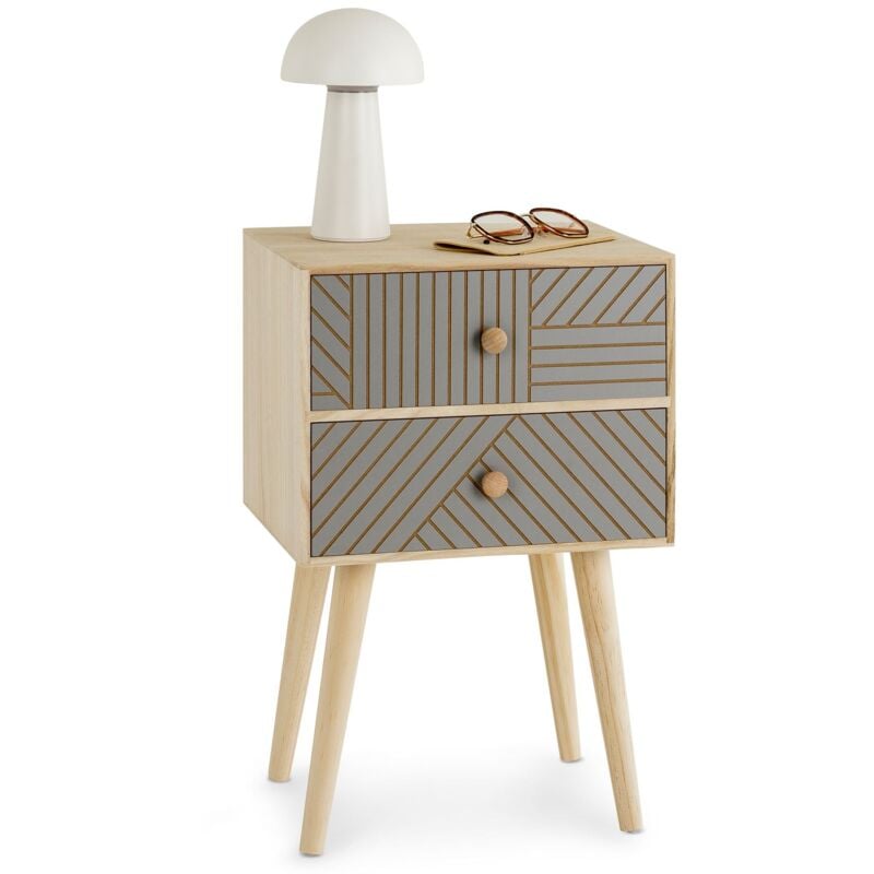 Table de chevet pelo 2 tiroirs, en bois de paulownia gris et naturel