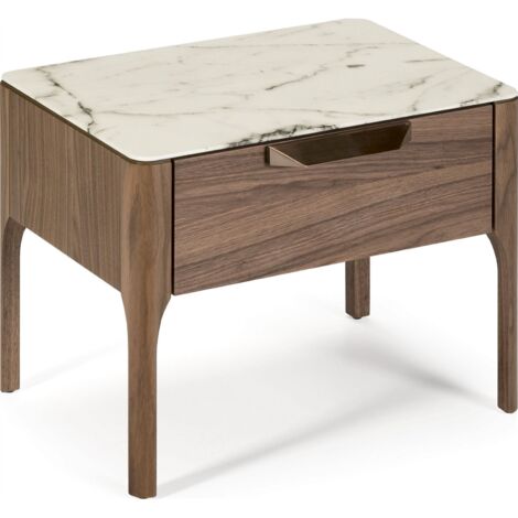 Table de chevet plateau verre effet marbre et bois 1 tiroir poignée cuivré système push+soft - Noyer, blanc, gris, cuivre