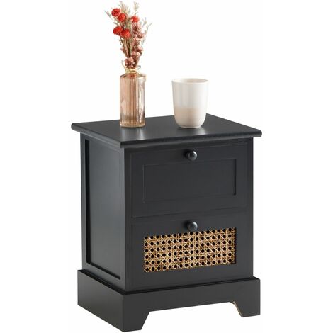 Table de chevet RANI petite commode de nuit avec 2 tiroirs, style vintage bohême, en bois de paulownia lasuré noir et rotin - Noir