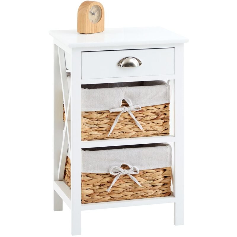 Table de chevet raveo avec 1 tiroir et 2 paniers, en bois lasuré blanc