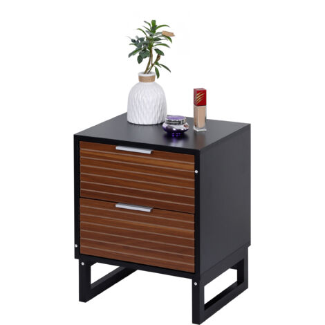 Table de chevet Relaxdays avec 2 tiroirs, H x L x P 50x40x33 cm, bois, pieds en bambou, meuble de nuit, marron/noir