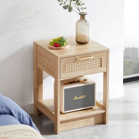 Table de chevet rotin moderne avec tiroir, aspect bois naturel, table d'appoint pour salon et chambre 40x40x55 cm
