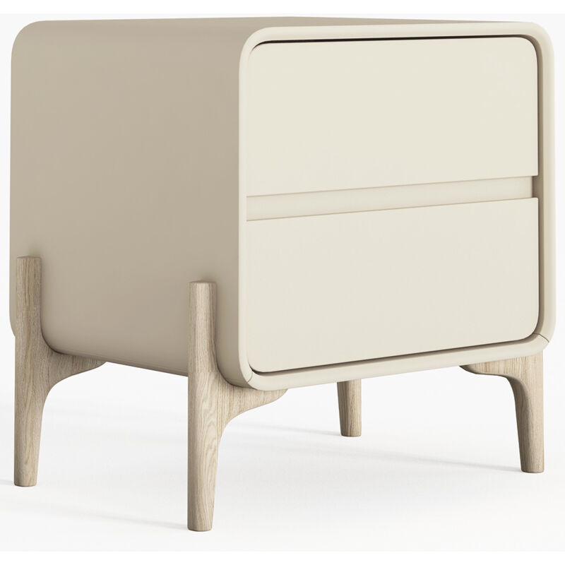 Table de chevet scandi moderne recouverte en simili cuir avec 2 tiroirs et pieds en bois naturel - Bennis Taupe