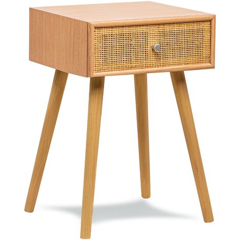 Nordlys – Table de chevet scandinave en hêtre effet chêne – Dimensions 40x36x64 cm – Tiroir en rotin pour rangement élégant