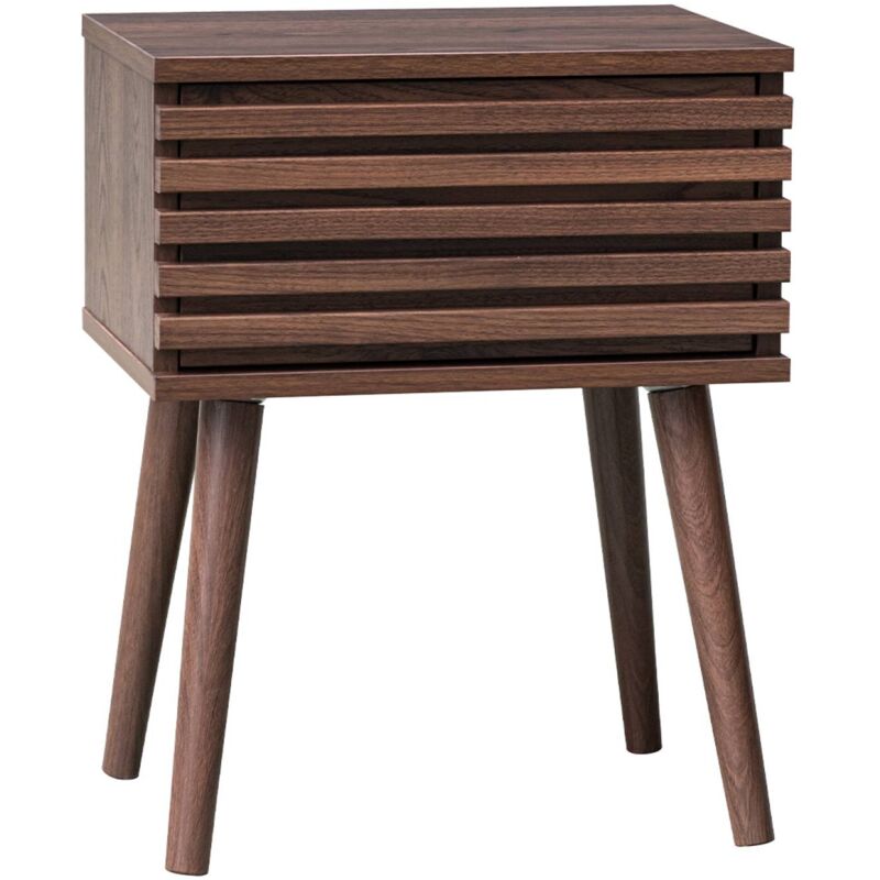 Table de chevet style scandinave décor bois couleur noyer avec tiroir rainuré et pieds compas
