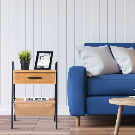 Table de chevet scandinaves en bois industrielle avec 1 tiroir et 1 sac de rangement 43.8x40x62 cm