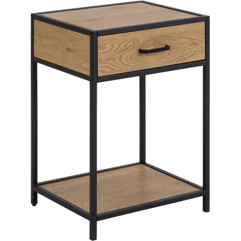 Table de chevet Seaford avec tiroir et étagère, MDF, métal, chêne sauvage