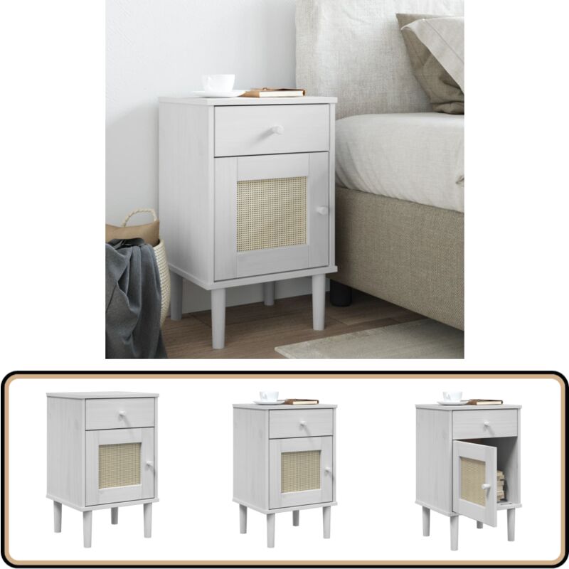 Table de chevet senja aspect de rotin blanc bois de pin massif - Table De Chevet - Meuble De Chambre - Table D'appoint - Design Moderne - Design