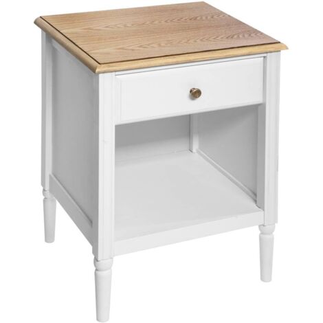 Table de chevet Solen, blanche et bois, L 45 x P 40 x H 61 cm, 1 tiroir, niche de rangement – pour chambre, salon, meuble d'appoint