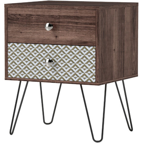 Table de chevet style bohème avec 2 tiroirs, pieds en acier, pour chambre ou salon, 45 x 39 x 55,5 cm, marron