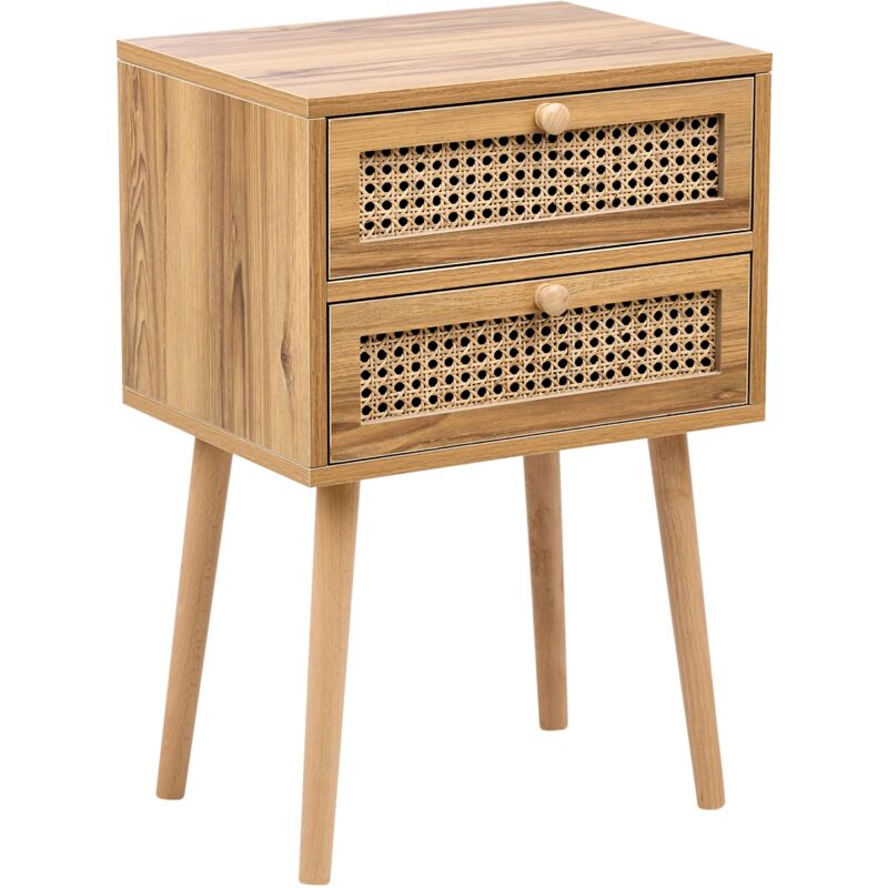 Table de Chevet Style Boho avec Tiroirs en Polyrotin Tresse Viennoise Placage mdf Marron Clair Butte