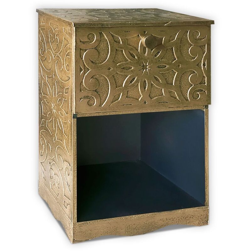 Table de chevet style oriental bois sculpté 1 porte Monbolyto Bois Bronze