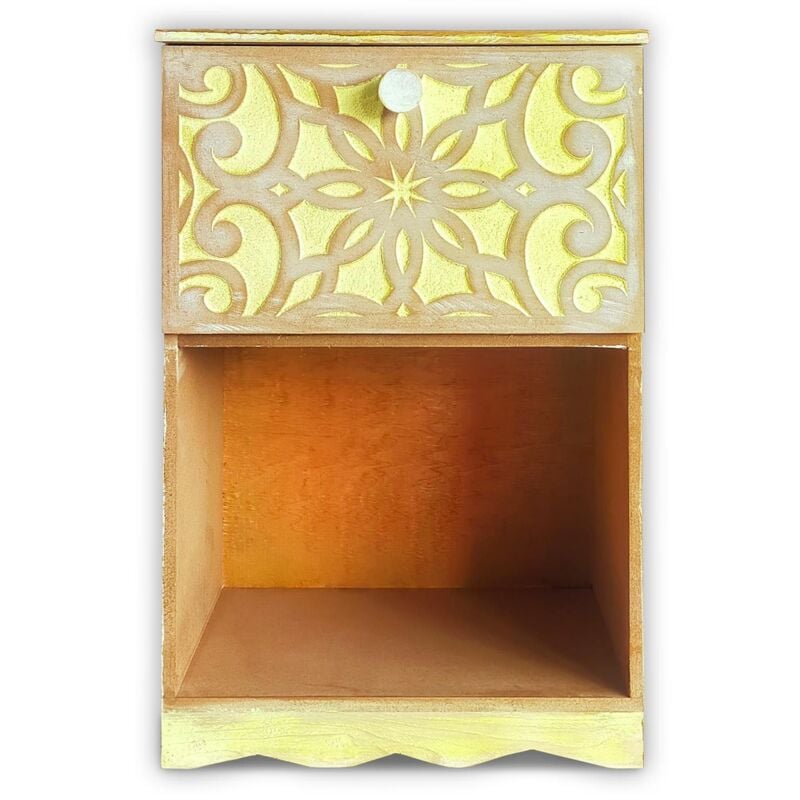 Table de chevet style oriental bois sculpté 1 porte Monbolyto Bois Jaune