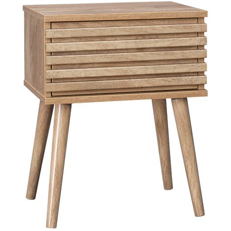 Table de chevet style scandinave décor bois avec tiroir rainuré et pieds compas