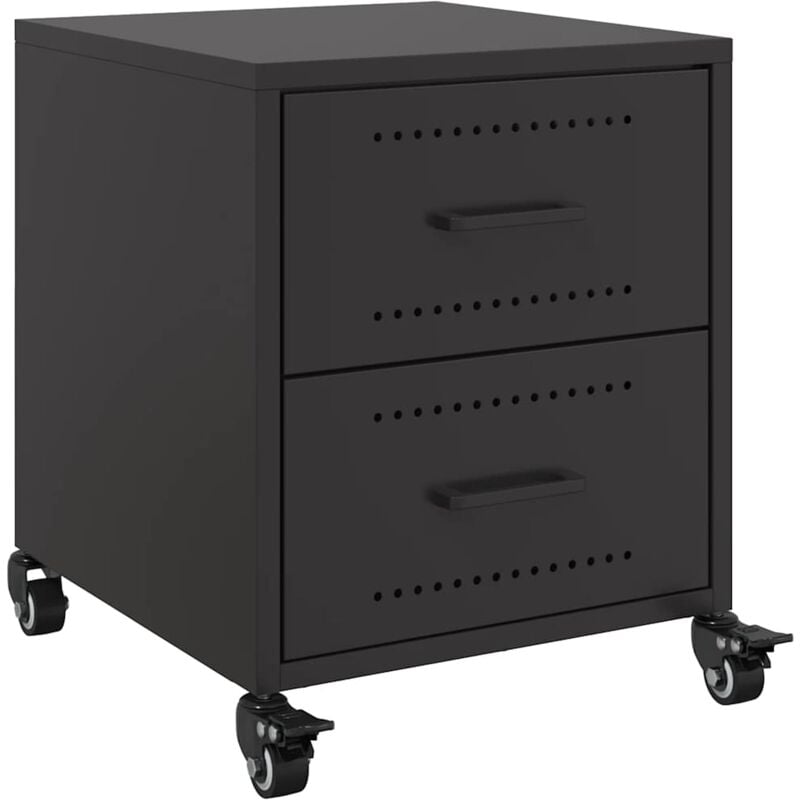 Table de chevet sur roulettes avec deux tiroirs 36 x 39 x 43,5 cm en acier noir DEC034367